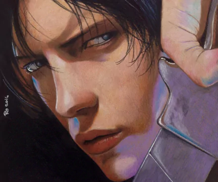 Close-up anime portrait of Levi Ackerman from Attack on Titan with an intense gaze and blade edge visible — HD PC desktop wallpaper and background.