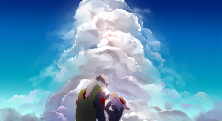 HD wallpaper featuring Naruto characters Sakumo and Kakashi Hatake under a towering cloud-filled sky, capturing a serene, dramatic anime scene.