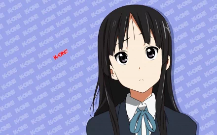 HD anime desktop wallpaper featuring a close-up of Azusa Nakano from K-ON! with a blue patterned background displaying the K-ON! logo.