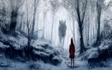 HD wallpaper showing a fantasy scene of Red Riding Hood standing in a snowy forest, facing a large, ethereal wolf. Trees are shrouded in mist, adding to the magical and mysterious atmosphere.