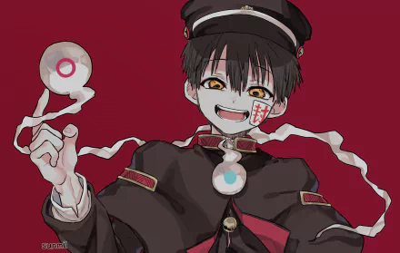 HD PC desktop wallpaper featuring Hanako-kun from the anime Toilet-bound Hanako-kun, showcasing him with a playful smile and holding a spiral-shaped object against a red background.