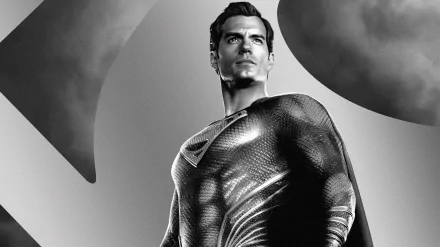 HD black-and-white PC desktop wallpaper featuring Henry Cavill as Superman from Zack Snyder's Justice League, showcasing iconic DC Comics superhero imagery.