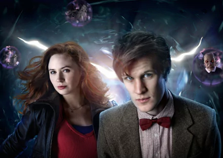 4K Ultra HD wallpaper featuring Amy Pond (Karen Gillan) and the Eleventh Doctor (Matt Smith) from the TV show Doctor Who (2005) with a dramatic sci-fi background.