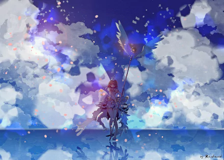 Sakura Kinomoto (Cardcaptor Sakura) levitates above a reflective sea holding her winged staff, framed by dreamy blue clouds and sparkling light — HD PC desktop wallpaper/background.