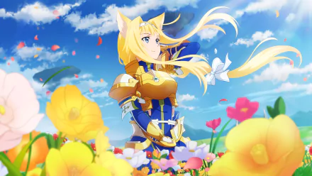 HD PC desktop wallpaper featuring Alice Zuberg from Sword Art Online: Alicization Rising Steel, standing amidst vibrant flowers under a bright blue sky in anime style.