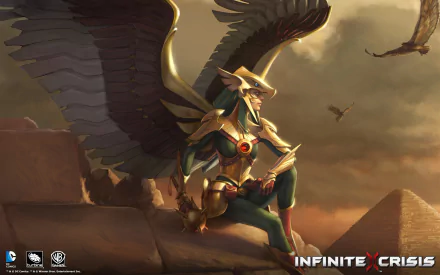 HD PC wallpaper featuring Hawkgirl from DC Comics with wings, set against a desert backdrop, promoting the Infinite Crisis video game.