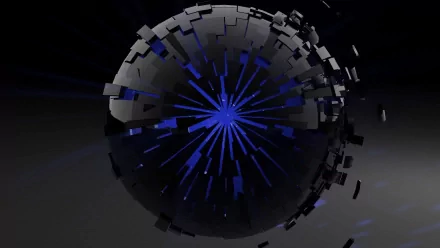 Dark, artistic blue 3D sphere with fragmented blocks radiating from the center, rendered in HD for a striking PC desktop wallpaper and background.
