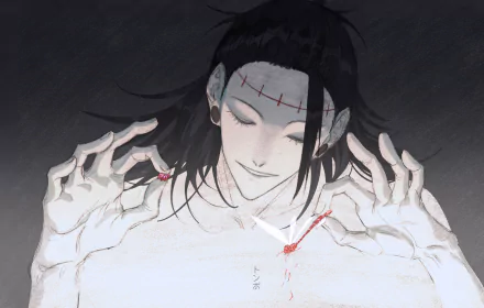 2K Quad HD PC desktop anime wallpaper of Suguru Geto / Kenjaku (Jujutsu Kaisen): pale, stitched forehead, serene smile, hands pulling a bloodied thread across his chest.