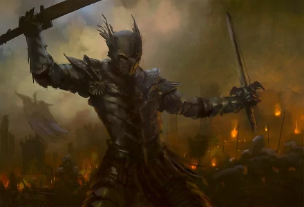 HD desktop wallpaper featuring a fantasy warrior in detailed armor wielding a sword amidst a fiery battle scene.