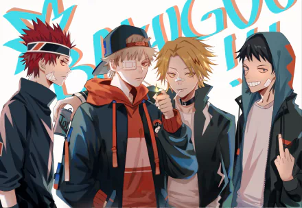 2K Quad HD PC wallpaper of My Hero Academia: Denki Kaminari, Eijiro Kirishima, Katsuki Bakugou and Hanta Sero in casual streetwear, posing and smiling.