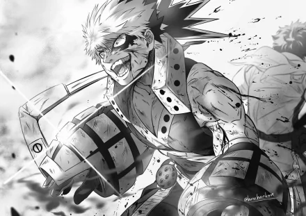 Katsuki Bakugou from My Hero Academia in gritty black-and-white action, battle-scarred with explosive gauntlets raised — anime HD PC desktop wallpaper/background