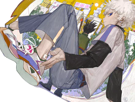 HD PC desktop wallpaper featuring Killua Zoldyck from Hunter x Hunter in a dynamic pose with vibrant colors and detailed anime-style artwork.