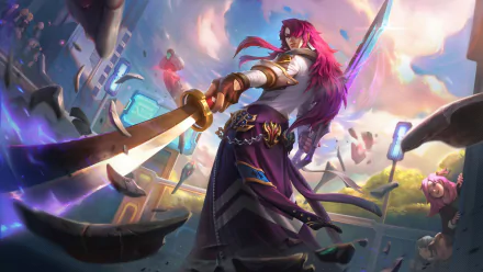 Yone (League of Legends) wielding twin blades in a dynamic mid-air pose amid floating platforms and purple light — 5K Ultra HD PC desktop wallpaper/background, video game artwork.