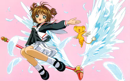 Sakura Kinomoto and Keroberos (Cardcaptor Sakura) in a vibrant anime pose with winged staff and white wings, pink sky — 5K Ultra HD PC desktop wallpaper/background.