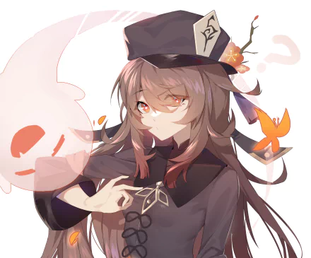 HD PC desktop wallpaper featuring Hu Tao from the video game Genshin Impact, showcasing her distinctive outfit and playful expression.