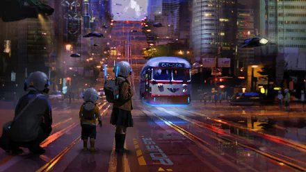 A futuristic city street at night with a sci-fi bus and children wearing helmets, rendered in vibrant 4K Ultra HD for an immersive PC desktop wallpaper.