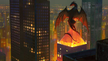 A fiery dragon perched atop a glowing rooftop amidst towering city skyscrapers in a detailed 4K Ultra HD fantasy cityscape.