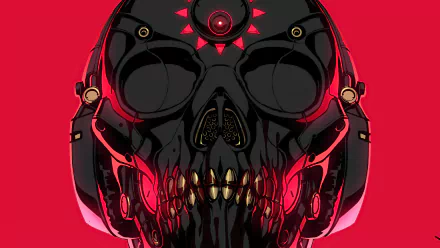 A dark, futuristic skull with metallic and glowing red elements, rendered in 4K Ultra HD as a striking PC desktop wallpaper and background.