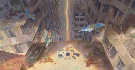 Fantasy-themed HD PC desktop wallpaper showing a child playing with colorful kites on a rooftop surrounded by tall buildings in a vibrant urban setting.