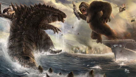 4K Ultra HD PC desktop wallpaper depicting an epic battle between King Kong and Godzilla from the movie Godzilla vs Kong over a stormy ocean near a cityscape.