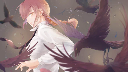 Makima (Chainsaw Man) anime 4K Ultra HD PC desktop wallpaper: pale braided hair, white shirt, encircled by black crows and drifting ash, cool dusk tones, calm yet ominous expression.