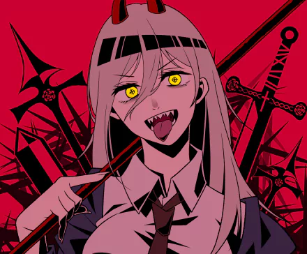 Anime character Power from Chainsaw Man with sharp teeth and yellow eyes against a red background with swords. HD desktop wallpaper and background.