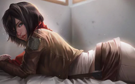 HD desktop wallpaper featuring Mikasa Ackerman from the anime Attack on Titan, lying down with a serious expression in her Survey Corps uniform.