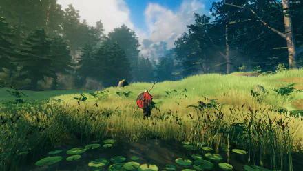 HD desktop wallpaper from Valheim, featuring a character in a vibrant forest with sun rays piercing through trees.