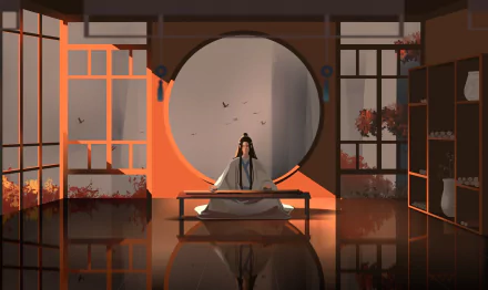 HD PC desktop wallpaper of Lan Wangji from Mo Dao Zu Shi — anime-style: he sits before a glowing moon gate in a tranquil hall, warm sunset light and a mirror-like floor reflection.