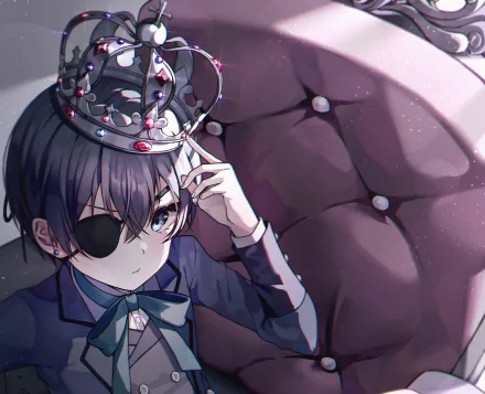 HD PC desktop wallpaper featuring Ciel Phantomhive from the anime Black Butler, wearing a crown and eyepatch with a dark, elegant background.