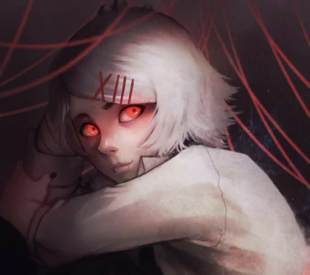 HD PC wallpaper of Juuzou Suzuya (Tokyo Ghoul): pale, white‑haired figure with stitched XIII on forehead and glowing red eyes, draped in white and surrounded by ominous red threads.