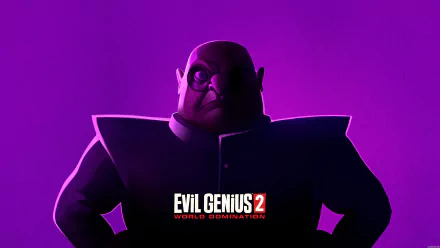 HD desktop wallpaper of Evil Genius 2: World Domination featuring a scheming character in silhouette against a purple background.