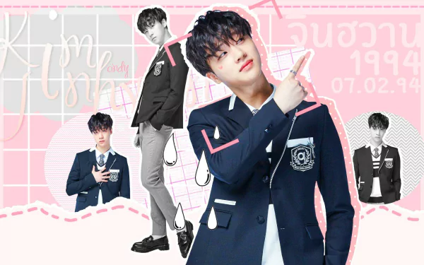 HD desktop wallpaper featuring iKON member in various poses with a pink and white background.