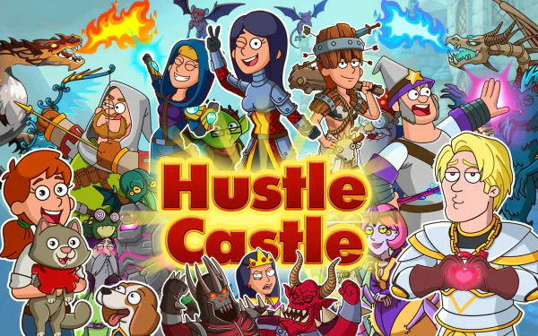 HD desktop wallpaper featuring animated characters from Hustle Castle with vibrant colors and action-packed illustrations.