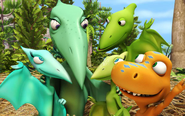 HD wallpaper featuring characters from Dinosaur Train, with friendly dinosaurs in a lush forest setting.