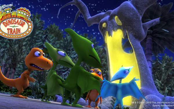HD desktop wallpaper of 'Dinosaur Train' featuring animated dinosaurs against a nighttime backdrop.