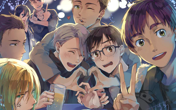 HD anime wallpaper from Yuri!!! on ICE featuring Phichit Chulanont, Yuri Plisetsky, Christophe Giacometti, Victor Nikiforov, and Yuuri Katsuki in a lively group selfie.