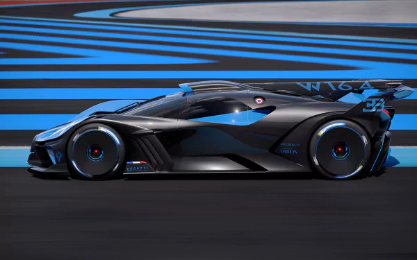 HD wallpaper of a Bugatti Bolide on a dynamic racetrack background.