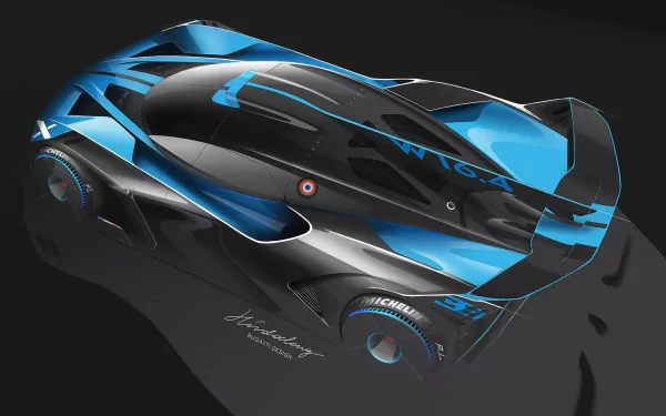 HD desktop wallpaper featuring a sleek Bugatti Bolide in blue and black with dynamic lighting effects.