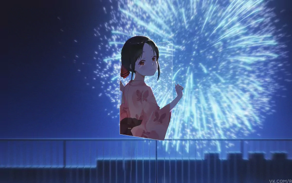 Kaguya Shinomiya from Kaguya-sama: Love is War stands against a blue night sky illuminated by vibrant fireworks in this 4K Ultra HD anime desktop wallpaper.