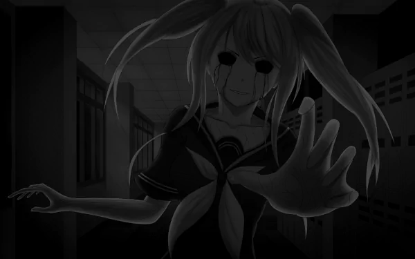 4K Ultra HD PC desktop wallpaper: Fun Girl (Yandere Simulator) in a shadowed school hallway, pale face with black tear-streak eyes and hollow sockets, hand reaching toward the viewer in eerie anime style.