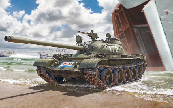 HD desktop wallpaper featuring a Russian T-55 tank on a sandy beach with a cloudy sky and a large naval ship in the background.