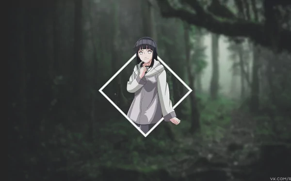 HD PC desktop wallpaper featuring Hinata Hyuga from Naruto in a picture-in-picture style against a dark, misty forest background in anime art.