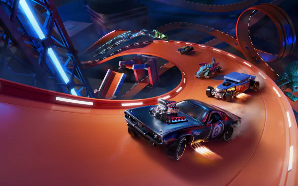 4K Ultra HD Hot Wheels Unleashed video game wallpaper featuring detailed miniature cars racing on an iconic orange track with dynamic lighting and action-packed scene.