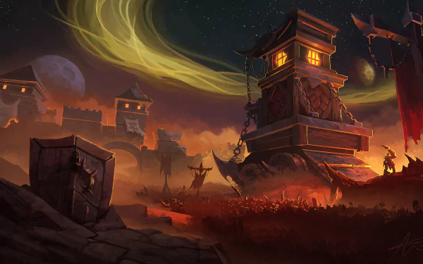 A dramatic fantasy battle scene under a starry sky with glowing swirling lights, towering watchtowers, and a fiery battlefield, rendered in 4K Ultra HD for PC desktop wallpaper.