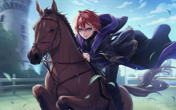 Riddle Rosehearts from the video game Twisted Wonderland rides a horse with determination in this HD PC desktop wallpaper and background.