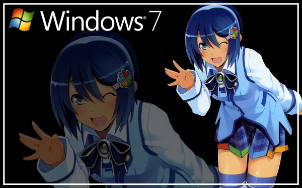 HD anime wallpaper featuring Nanami Madobe, the Windows 7 Os-tan character, smiling and waving with a dark background and Windows 7 logo.
