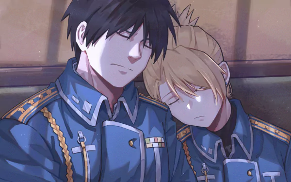 Riza Hawkeye and Roy Mustang from Fullmetal Alchemist share a quiet, tender moment in this HD anime desktop wallpaper.