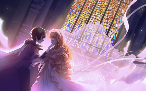 Yashiro Nene and Hanako-kun from Toilet-bound Hanako-kun pose under glowing stained glass in a dreamy anime scene — 5K Ultra HD PC desktop wallpaper background.