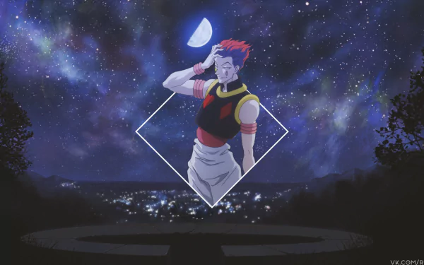 4K Ultra HD anime wallpaper featuring Hisoka from Hunter × Hunter in a picture-in-picture style against a starry night sky backdrop.